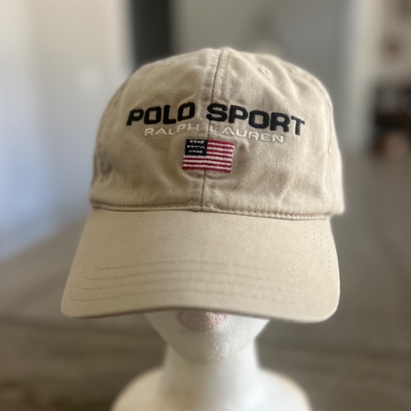 Polo Ralph Lauren Baseball Cap Tan Embroidered American Flag Made in USA - Picture 2 of 9
